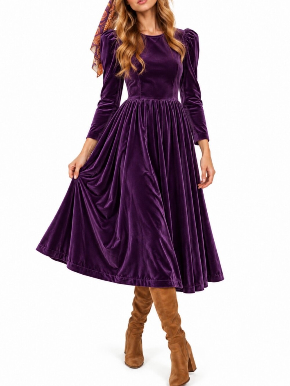 VTG 1960s Purple Velvet Midi Dress S Puff Sleeve Whimsigoth Dark Coquette Goth